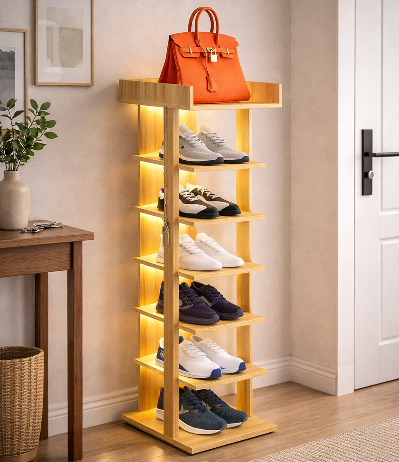 Six-tier wooden shoe rack with illuminated shelves in a warm entryway