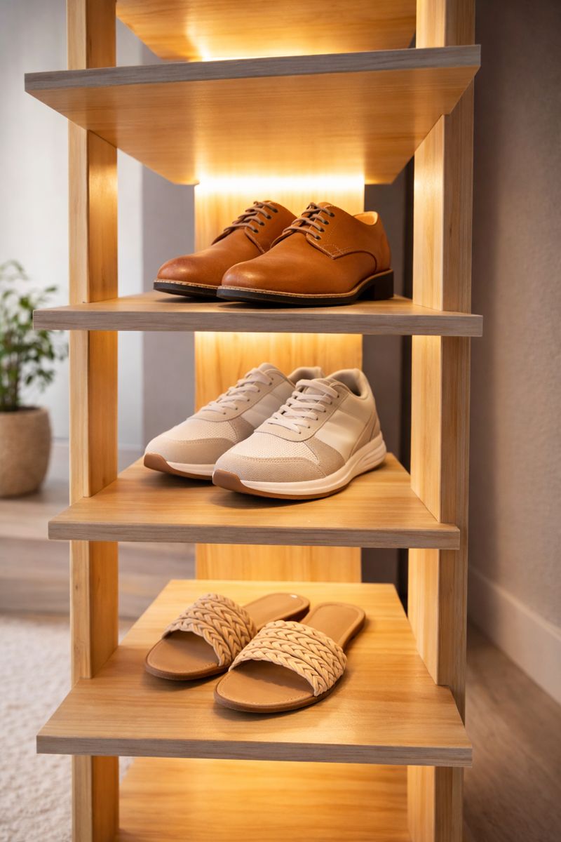 Close view of warm LED lighting illuminating shoes on the wooden shelves