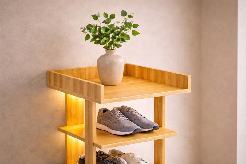 Raised wooden top tray holding a ceramic vase above the shoe shelves