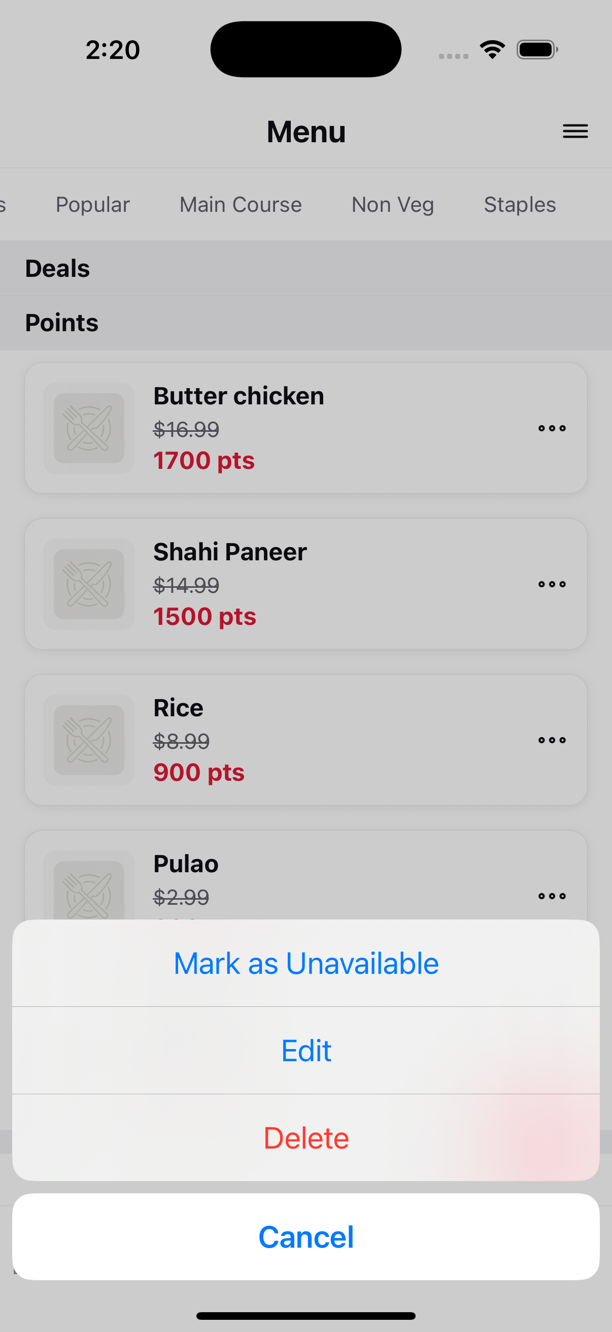 Three‑dot menu on an item with Delete option