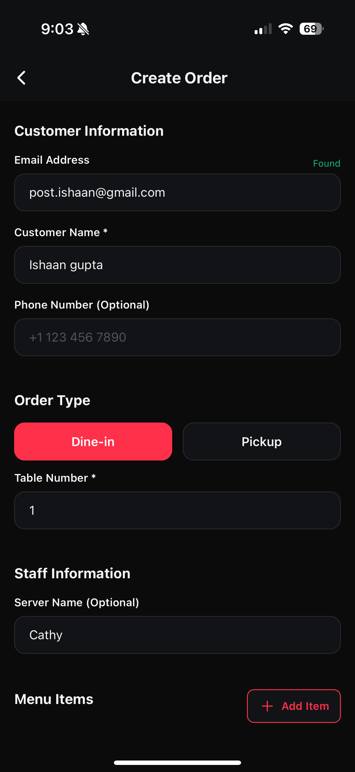 Create Order screen showing customer email, name autofilled, phone, and order type