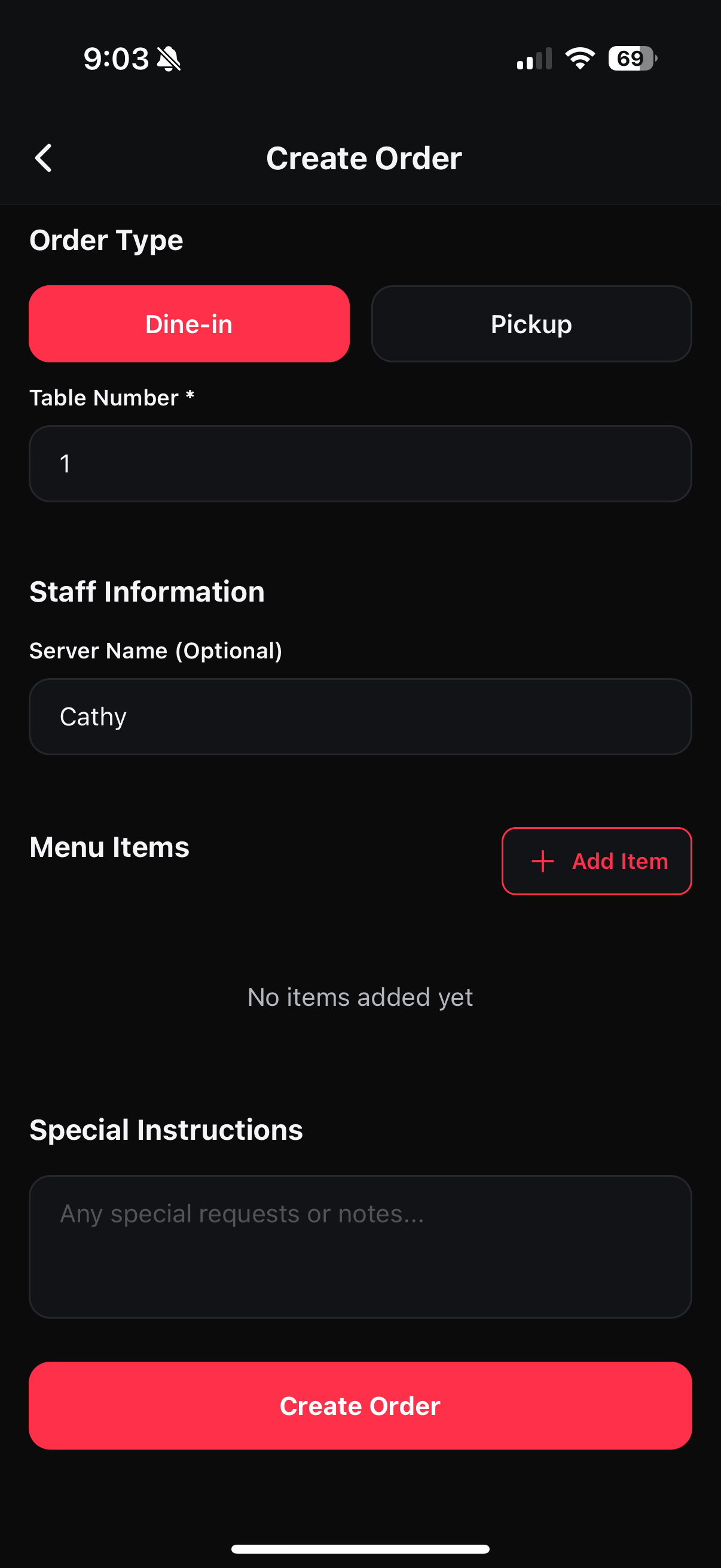 Create Order screen showing items with plus minus controls and notes