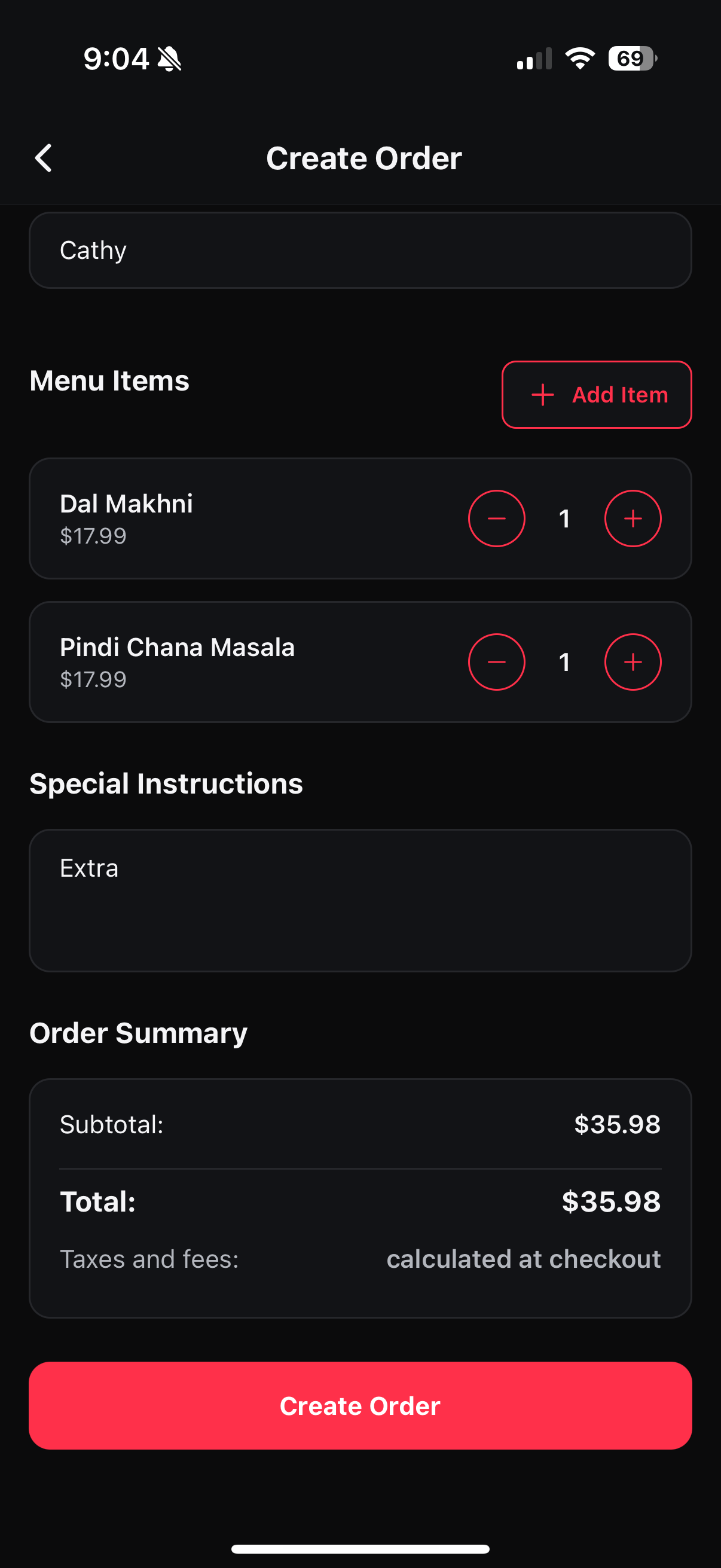 Order summary and Create Order button