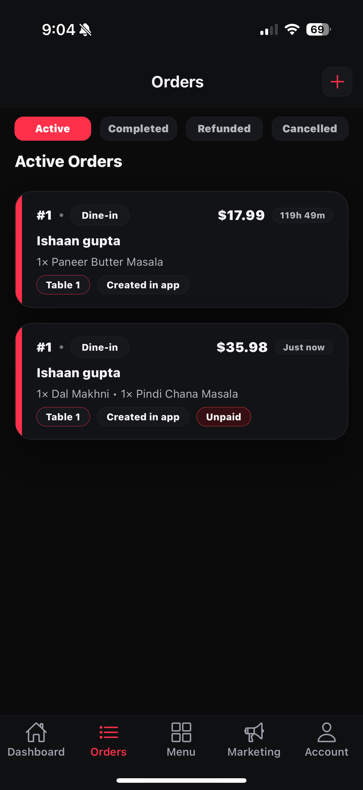 Orders tab showing the newly created active order card