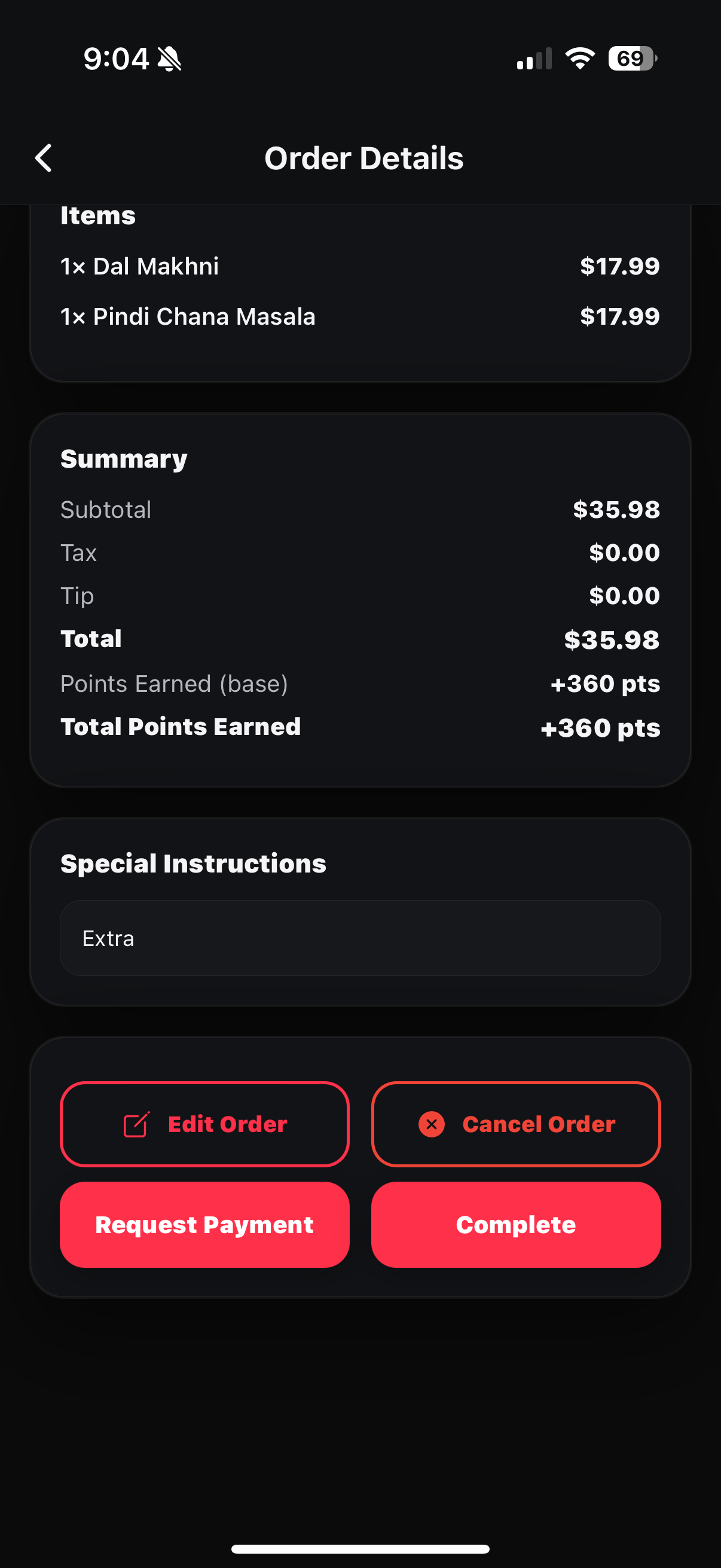 Order details with Edit, Cancel, Request Payment, and Complete buttons