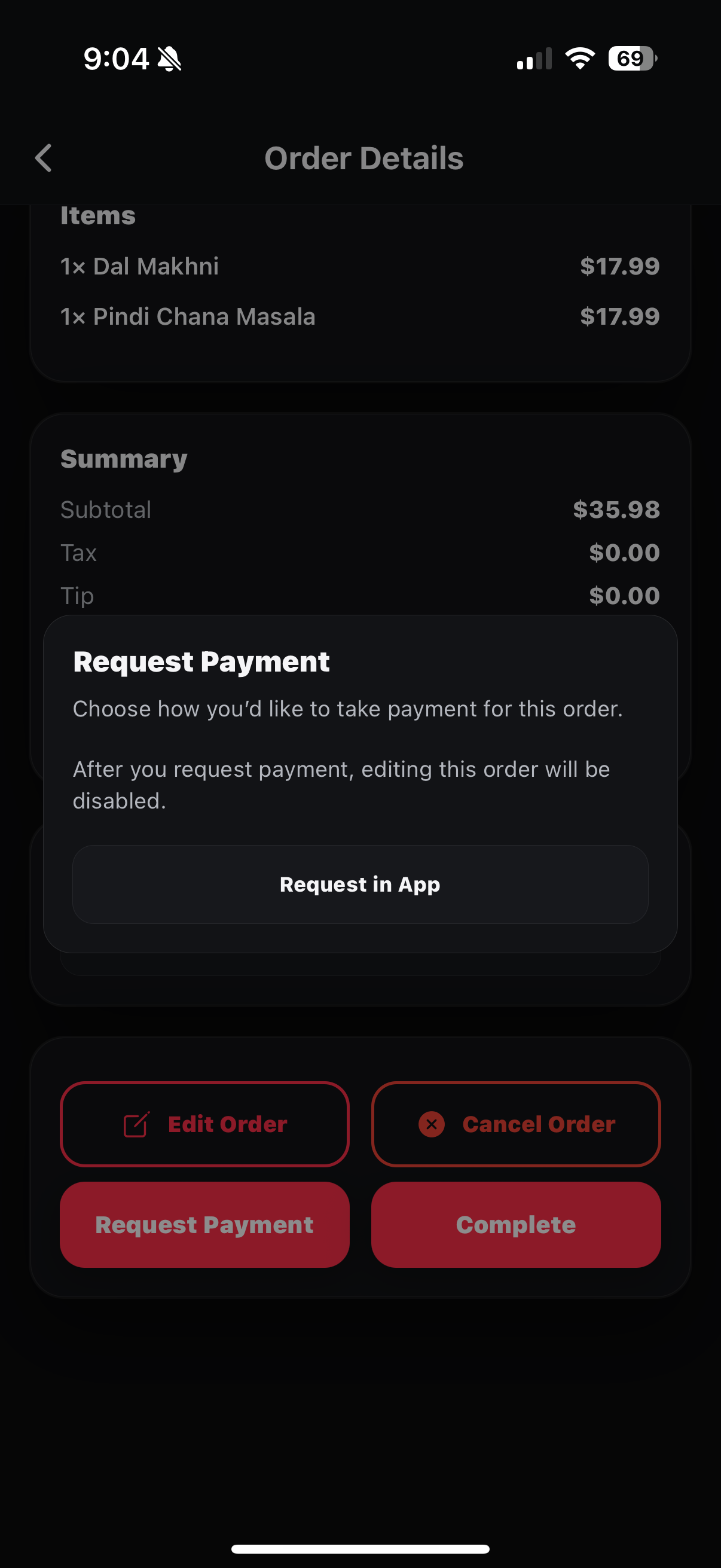 Request Payment modal with Request in App option