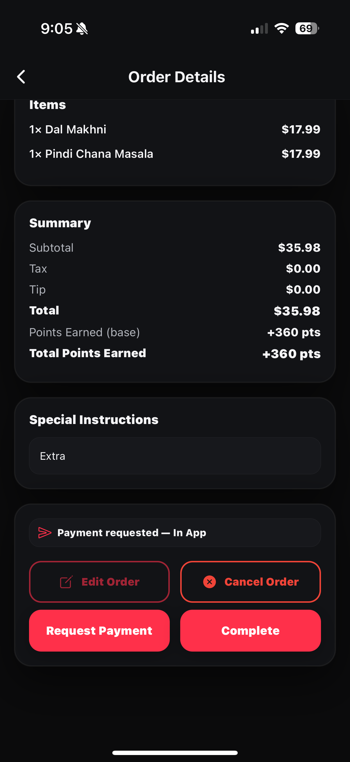 Order details showing Payment requested — In App banner