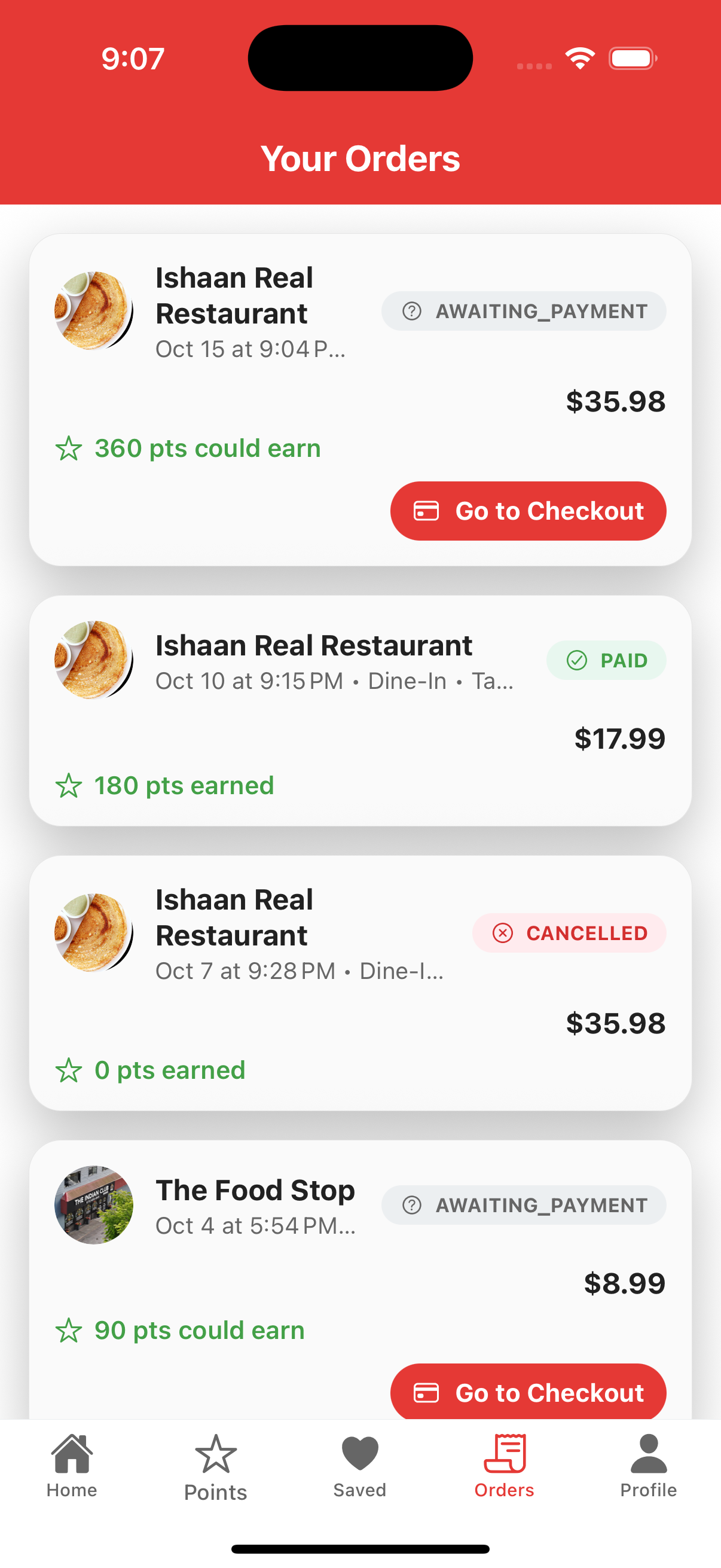 Consumer app Orders list with Awaiting Payment and Go to Checkout button
